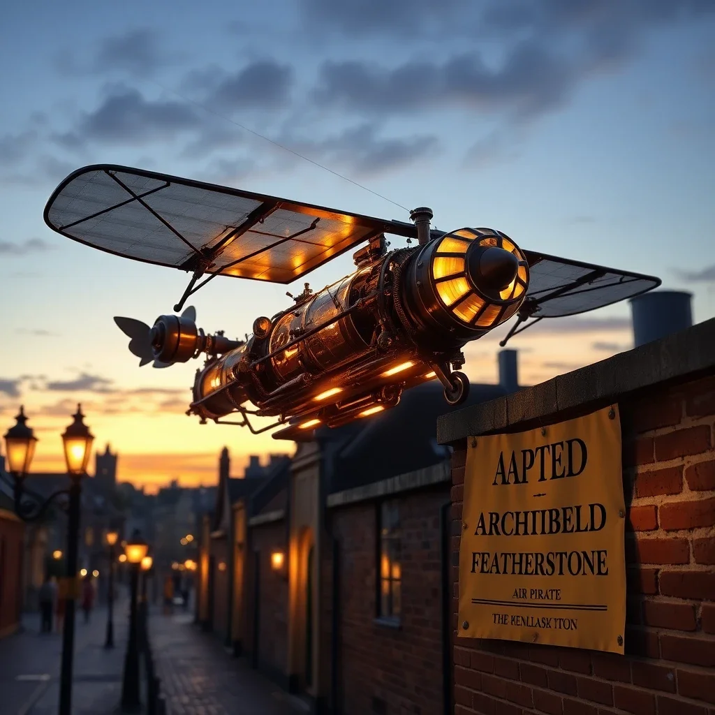 A steampunk-style ornithopter powered by clockwork gears and vacuum tubes soars over a Victorian cityscape at twilight. Intricate brass details, glowing valves, and a stained-glass cockpit. In the foreground, a cobbled street with gas lamps casting a warm glow. A WANTED poster affixed to a brick wall with the text "Captain Archibald Featherstone - Air Pirate". - Flux Schnell