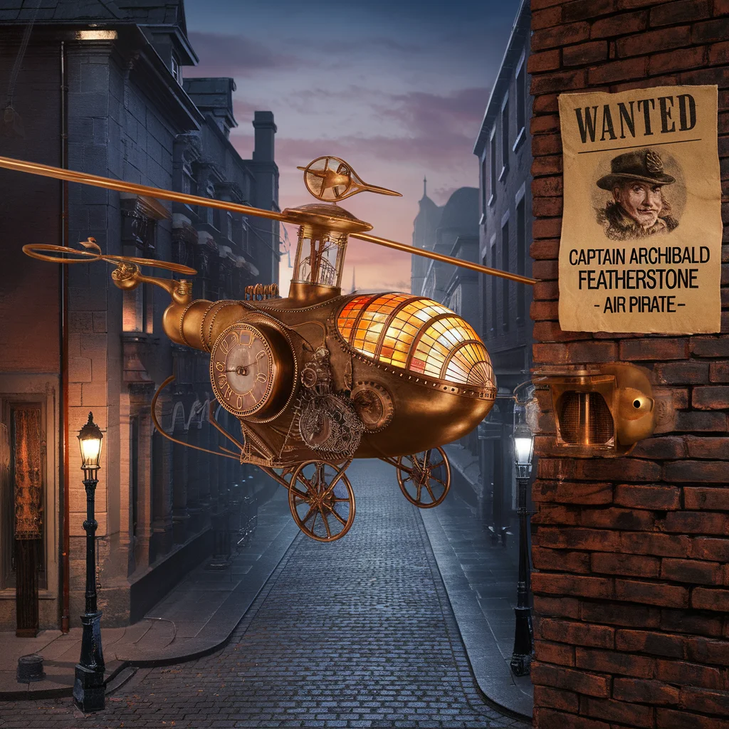 A steampunk-style ornithopter powered by clockwork gears and vacuum tubes soars over a Victorian cityscape at twilight. Intricate brass details, glowing valves, and a stained-glass cockpit. In the foreground, a cobbled street with gas lamps casting a warm glow. A WANTED poster affixed to a brick wall with the text "Captain Archibald Featherstone - Air Pirate". - Ideogram v2 Turbo