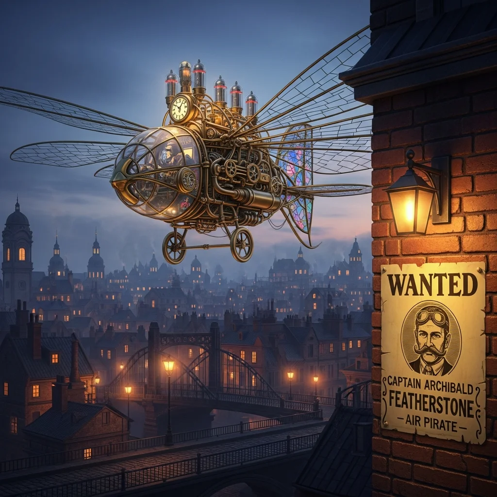 A steampunk-style ornithopter powered by clockwork gears and vacuum tubes soars over a Victorian cityscape at twilight. Intricate brass details, glowing valves, and a stained-glass cockpit. In the foreground, a cobbled street with gas lamps casting a warm glow. A WANTED poster affixed to a brick wall with the text "Captain Archibald Featherstone - Air Pirate". - Imagen 4