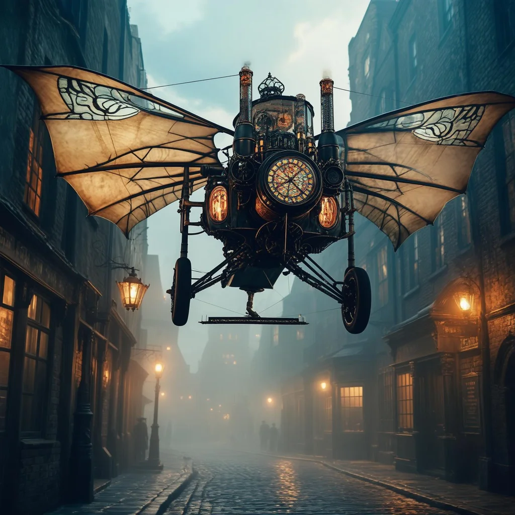 A steampunk-style ornithopter powered by clockwork gears and vacuum tubes soars over a Victorian cityscape at twilight. Intricate brass details, glowing valves, and a stained-glass cockpit. In the foreground, a cobbled street with gas lamps casting a warm glow. A WANTED poster affixed to a brick wall with the text "Captain Archibald Featherstone - Air Pirate". - Luma Photon Flash