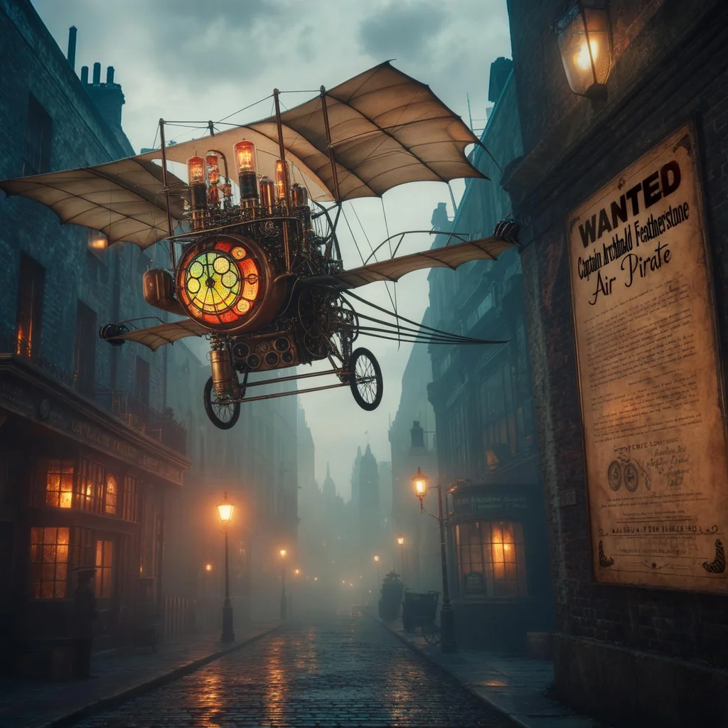 A steampunk-style ornithopter powered by clockwork gears and vacuum tubes soars over a Victorian cityscape at twilight. Intricate brass details, glowing valves, and a stained-glass cockpit. In the foreground, a cobbled street with gas lamps casting a warm glow. A WANTED poster affixed to a brick wall with the text "Captain Archibald Featherstone - Air Pirate". - Luma Photon