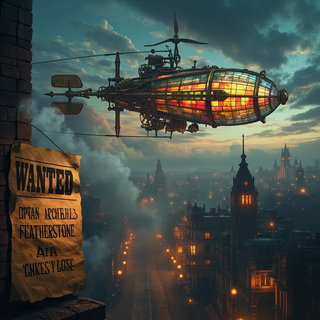 A steampunk-style ornithopter powered by clockwork gears and vacuum tubes soars over a Victorian cityscape at twilight. Intricate brass details, glowing valves, and a stained-glass cockpit. In the foreground, a cobbled street with gas lamps casting a warm glow. A WANTED poster affixed to a brick wall with the text "Captain Archibald Featherstone - Air Pirate". - MiniMax Image-01