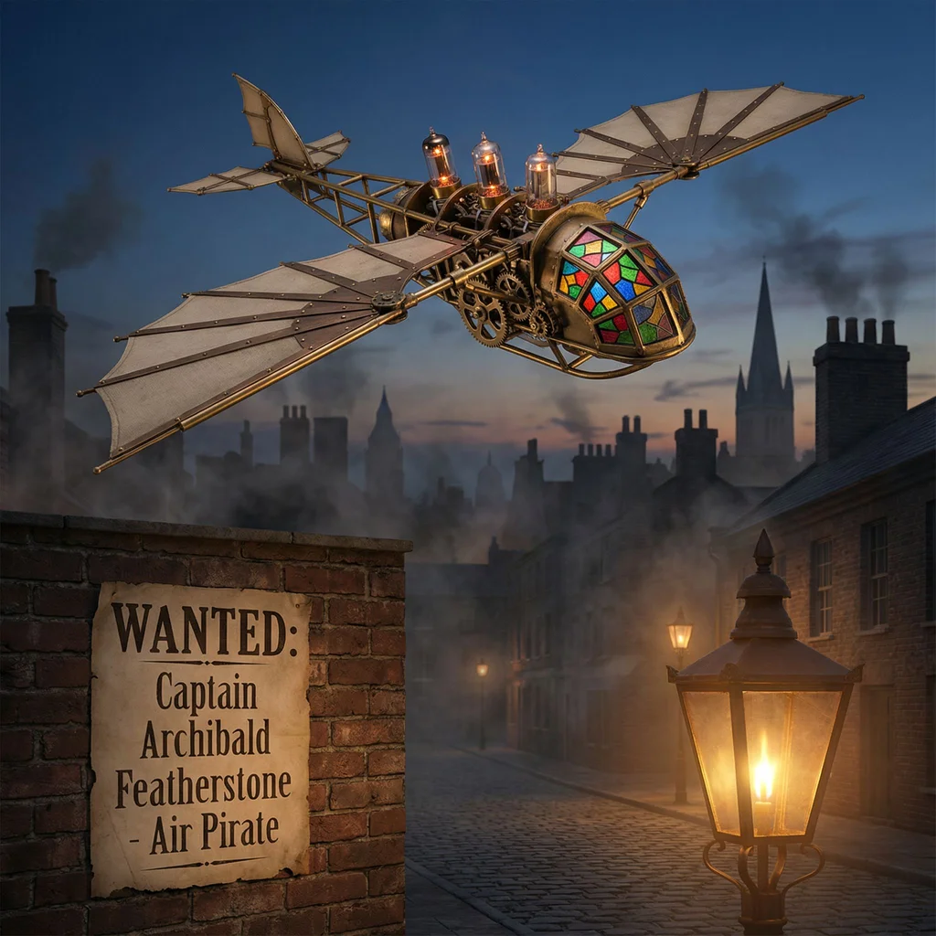 A steampunk-style ornithopter powered by clockwork gears and vacuum tubes soars over a Victorian cityscape at twilight. Intricate brass details, glowing valves, and a stained-glass cockpit. In the foreground, a cobbled street with gas lamps casting a warm glow. A WANTED poster affixed to a brick wall with the text "Captain Archibald Featherstone - Air Pirate". - Nano Banana Pro