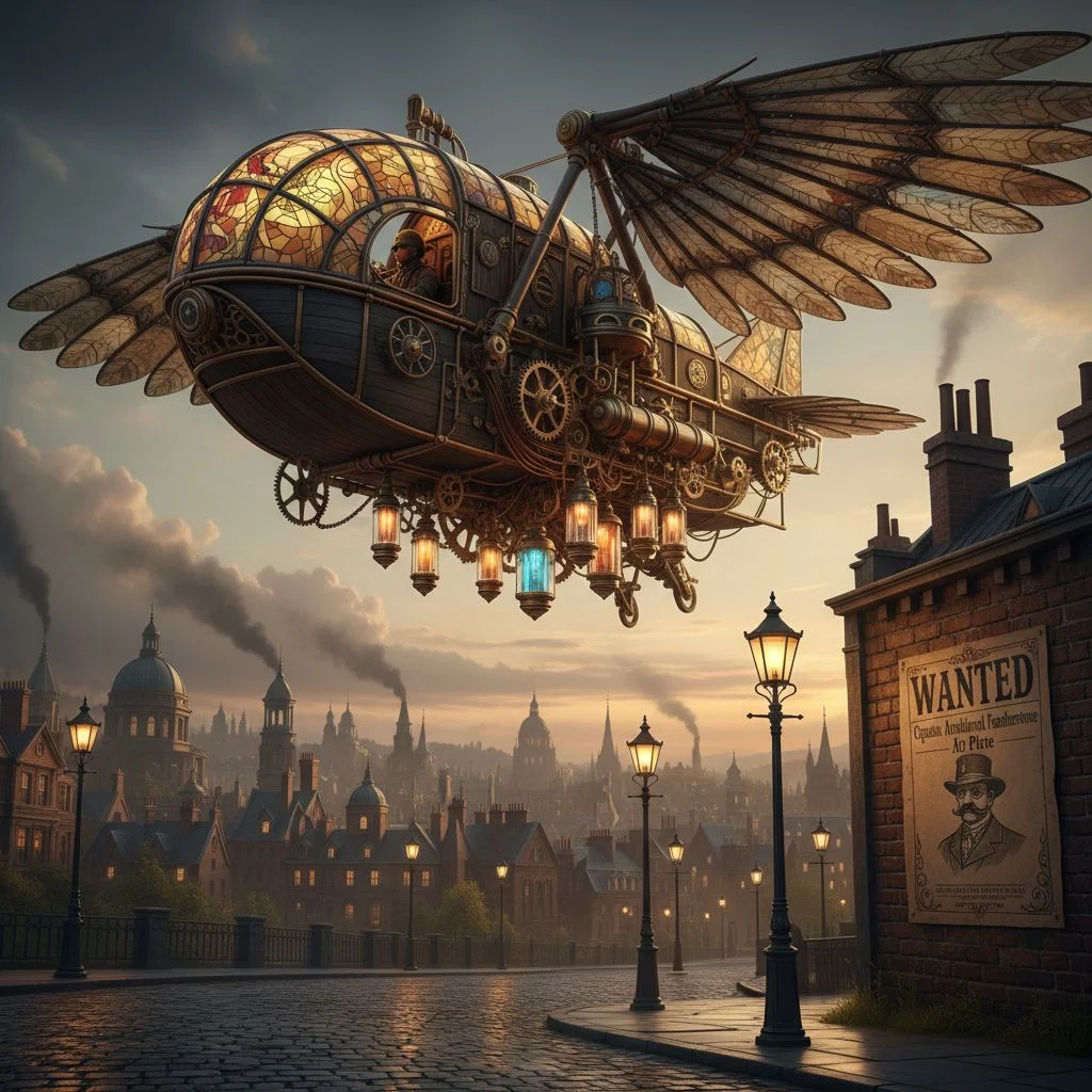 A steampunk-style ornithopter powered by clockwork gears and vacuum tubes soars over a Victorian cityscape at twilight. Intricate brass details, glowing valves, and a stained-glass cockpit. In the foreground, a cobbled street with gas lamps casting a warm glow. A WANTED poster affixed to a brick wall with the text "Captain Archibald Featherstone - Air Pirate". - Nano Banana
