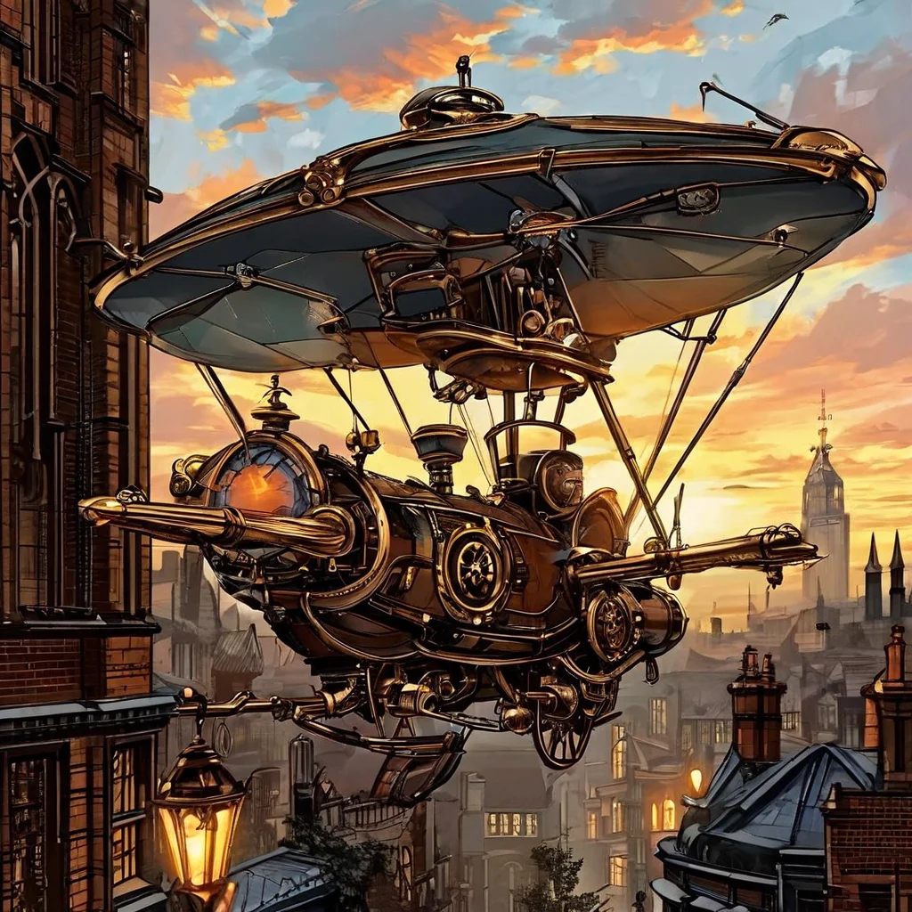 A steampunk-style ornithopter powered by clockwork gears and vacuum tubes soars over a Victorian cityscape at twilight. Intricate brass details, glowing valves, and a stained-glass cockpit. In the foreground, a cobbled street with gas lamps casting a warm glow. A WANTED poster affixed to a brick wall with the text "Captain Archibald Featherstone - Air Pirate". - Playground v2.5