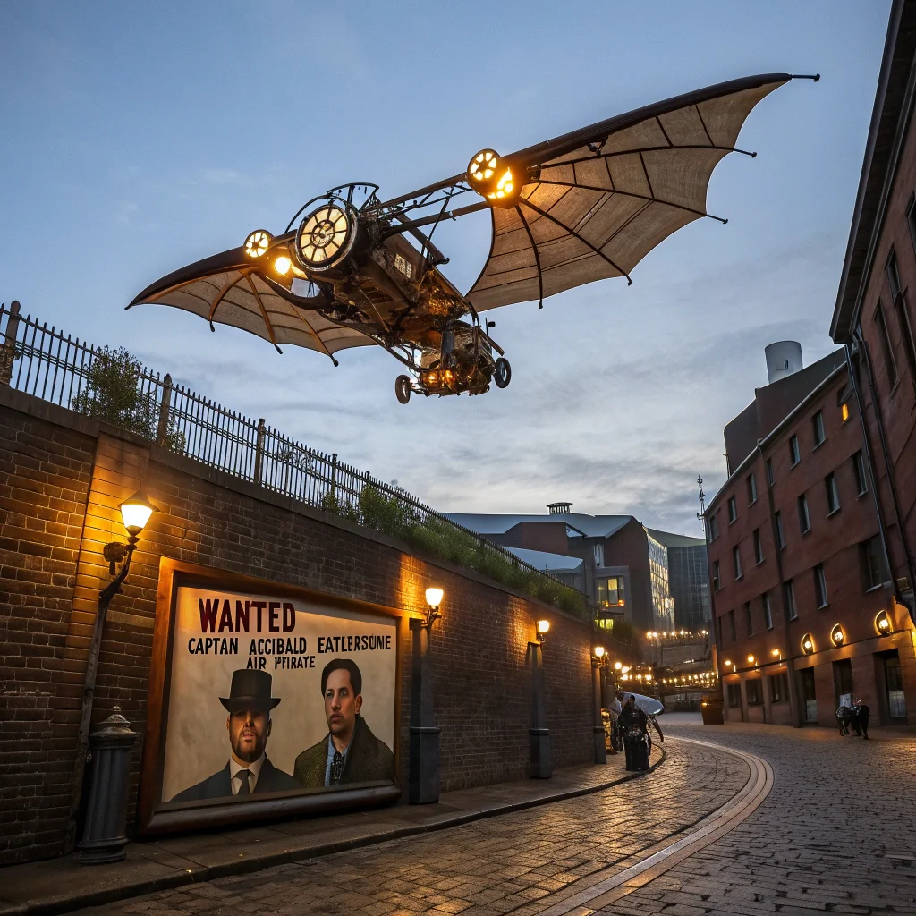 A steampunk-style ornithopter powered by clockwork gears and vacuum tubes soars over a Victorian cityscape at twilight. Intricate brass details, glowing valves, and a stained-glass cockpit. In the foreground, a cobbled street with gas lamps casting a warm glow. A WANTED poster affixed to a brick wall with the text "Captain Archibald Featherstone - Air Pirate". - Recraft V3