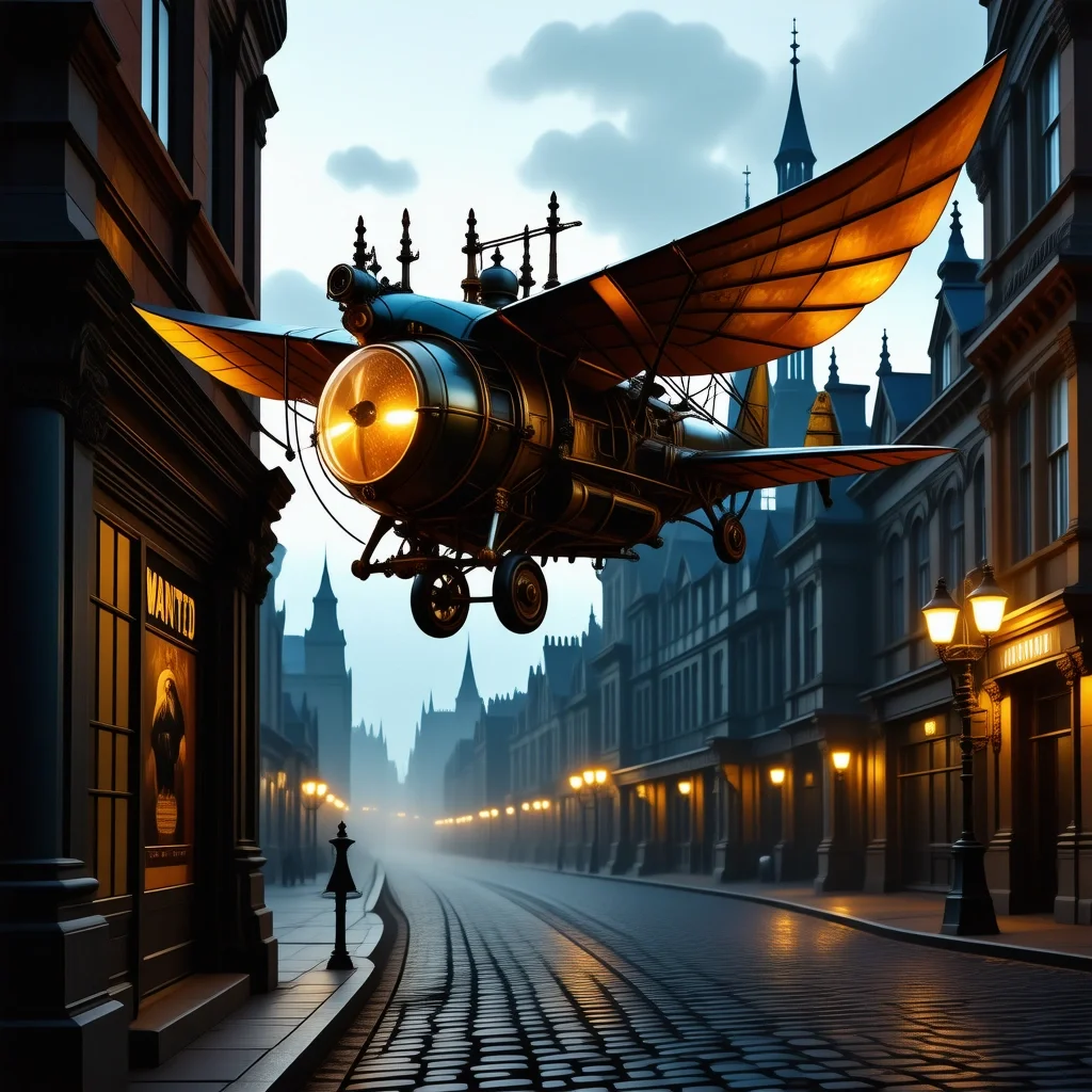 A steampunk-style ornithopter powered by clockwork gears and vacuum tubes soars over a Victorian cityscape at twilight. Intricate brass details, glowing valves, and a stained-glass cockpit. In the foreground, a cobbled street with gas lamps casting a warm glow. A WANTED poster affixed to a brick wall with the text "Captain Archibald Featherstone - Air Pirate". - SD 3.5 Large Turbo