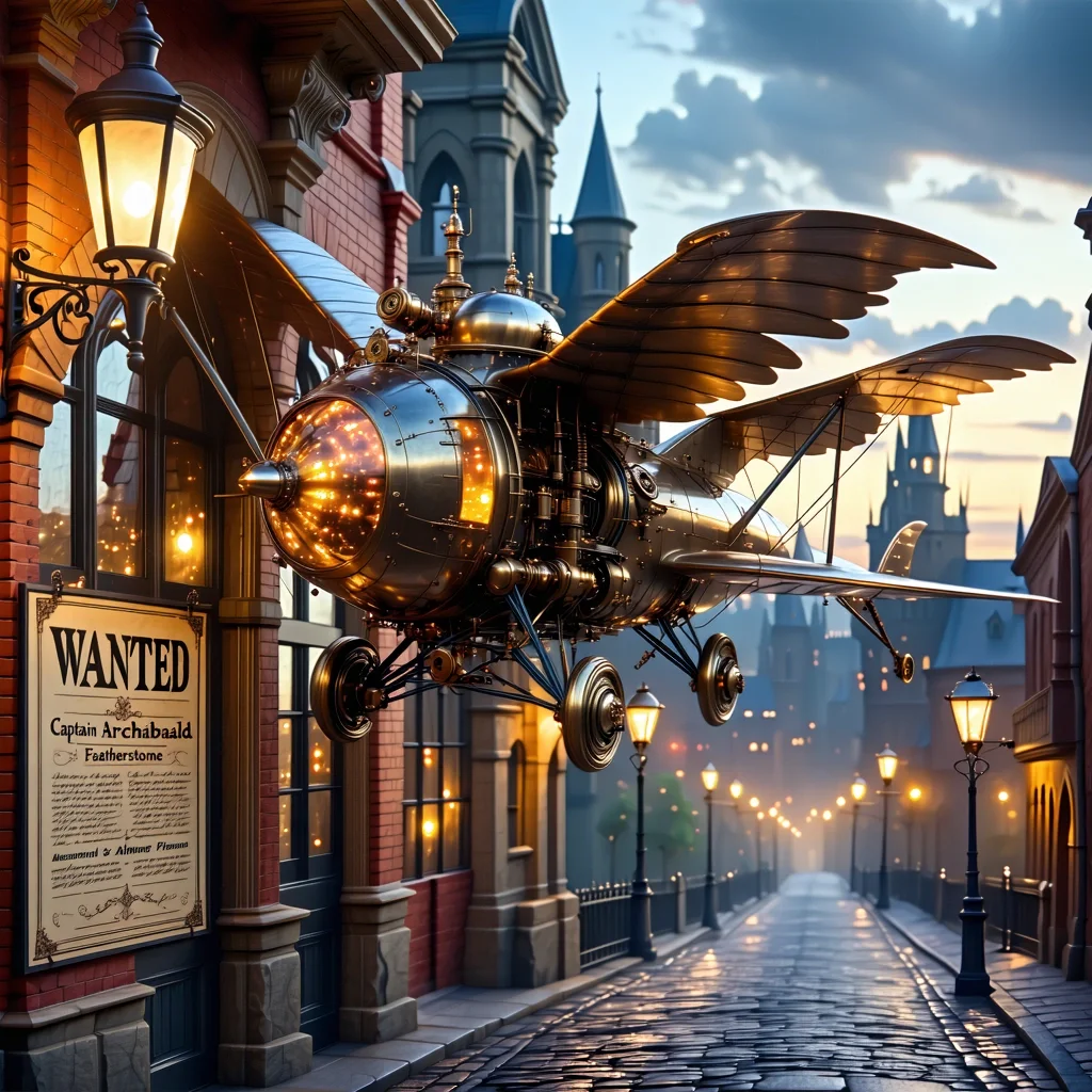 A steampunk-style ornithopter powered by clockwork gears and vacuum tubes soars over a Victorian cityscape at twilight. Intricate brass details, glowing valves, and a stained-glass cockpit. In the foreground, a cobbled street with gas lamps casting a warm glow. A WANTED poster affixed to a brick wall with the text "Captain Archibald Featherstone - Air Pirate". - Stable Diffusion 3.5 Large