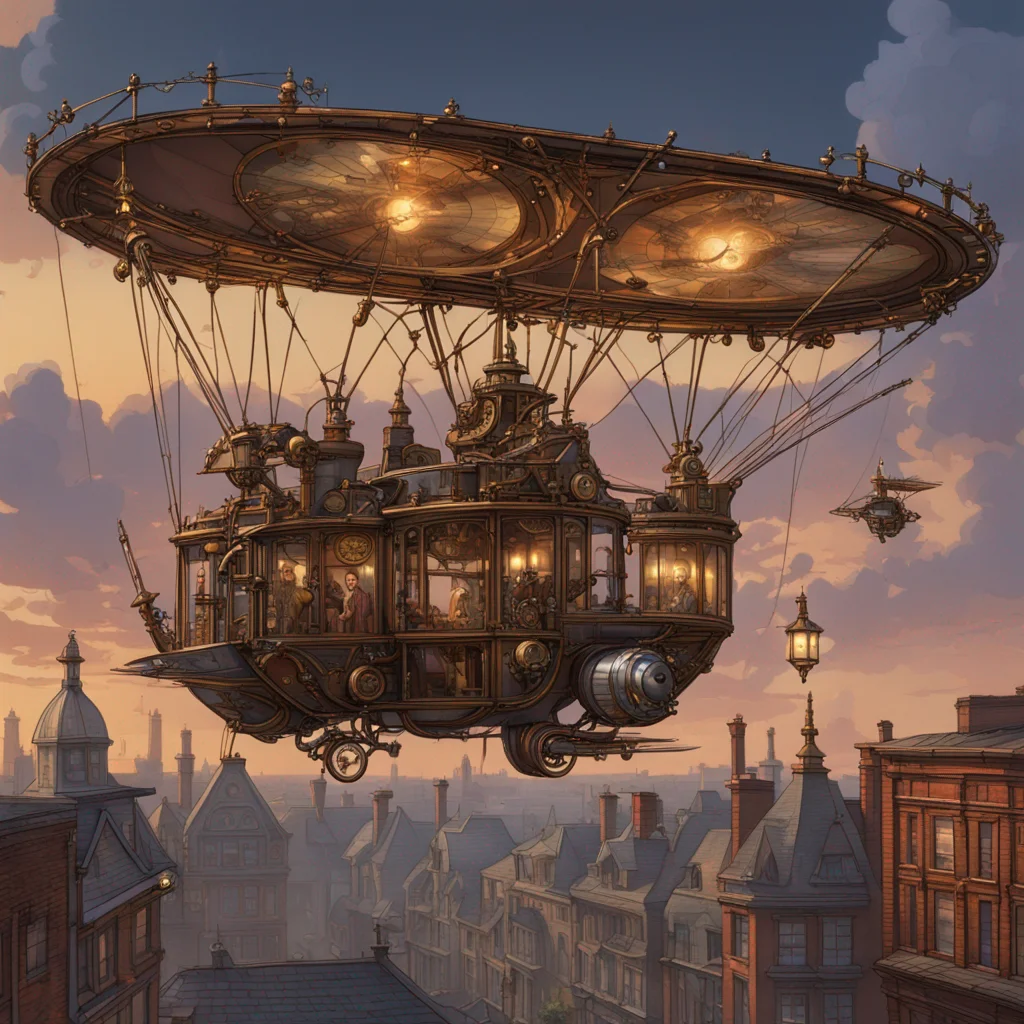 A steampunk-style ornithopter powered by clockwork gears and vacuum tubes soars over a Victorian cityscape at twilight. Intricate brass details, glowing valves, and a stained-glass cockpit. In the foreground, a cobbled street with gas lamps casting a warm glow. A WANTED poster affixed to a brick wall with the text "Captain Archibald Featherstone - Air Pirate". - Stable Diffusion XL