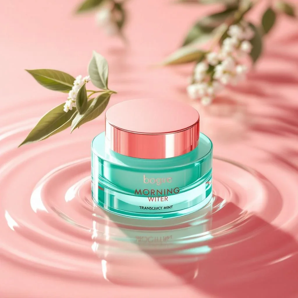 Luxury skincare campaign still life, translucent mint glass jar floating above rippled water, silver cap, soft morning light, clean studio reflections, high-end beauty photography - Flux 1.1 Pro