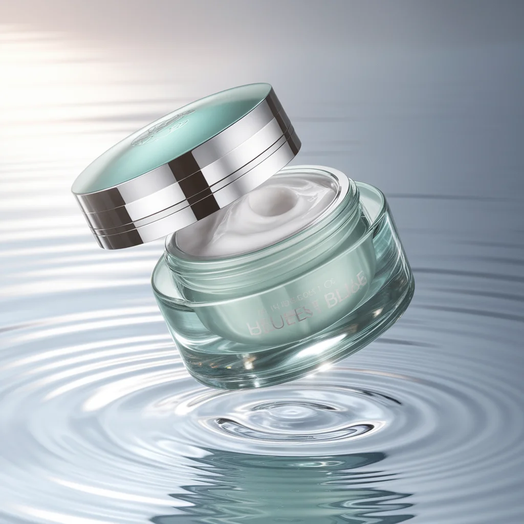 Luxury skincare campaign still life, translucent mint glass jar floating above rippled water, silver cap, soft morning light, clean studio reflections, high-end beauty photography - Ideogram v2 Turbo
