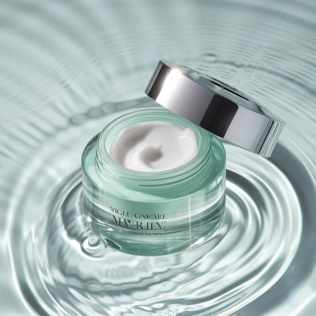 Luxury skincare campaign still life, translucent mint glass jar floating above rippled water, silver cap, soft morning light, clean studio reflections, high-end beauty photography - Ideogram v2