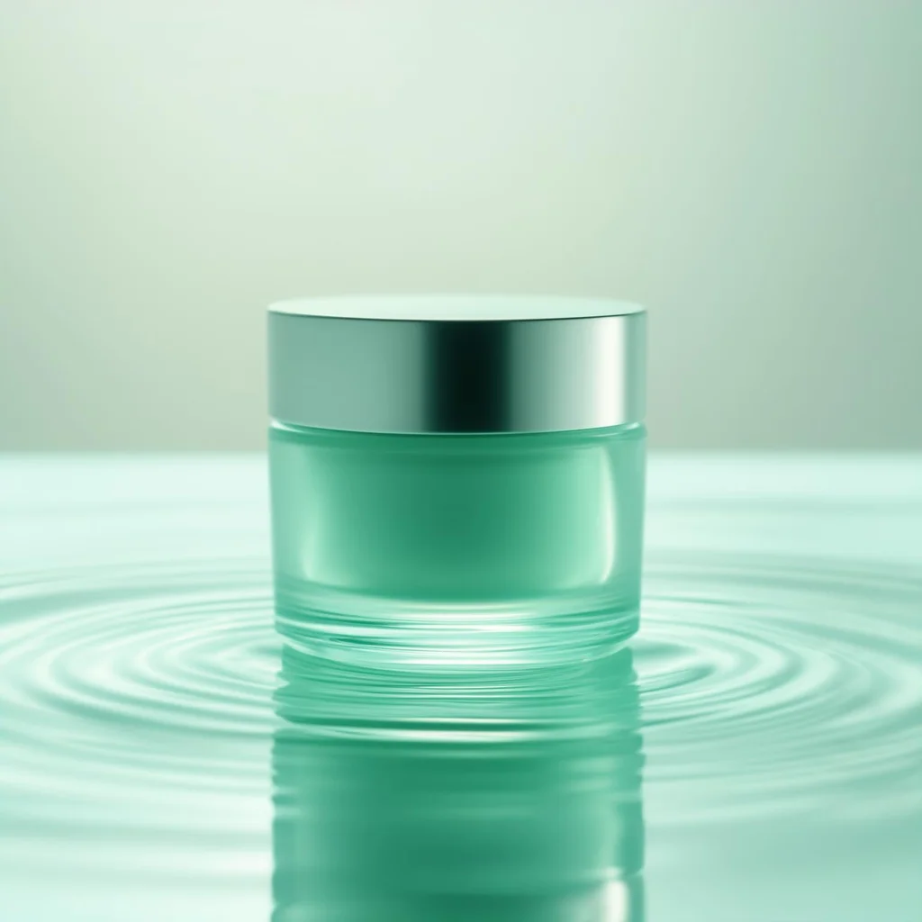 Luxury skincare campaign still life, translucent mint glass jar floating above rippled water, silver cap, soft morning light, clean studio reflections, high-end beauty photography - Luma Photon Flash