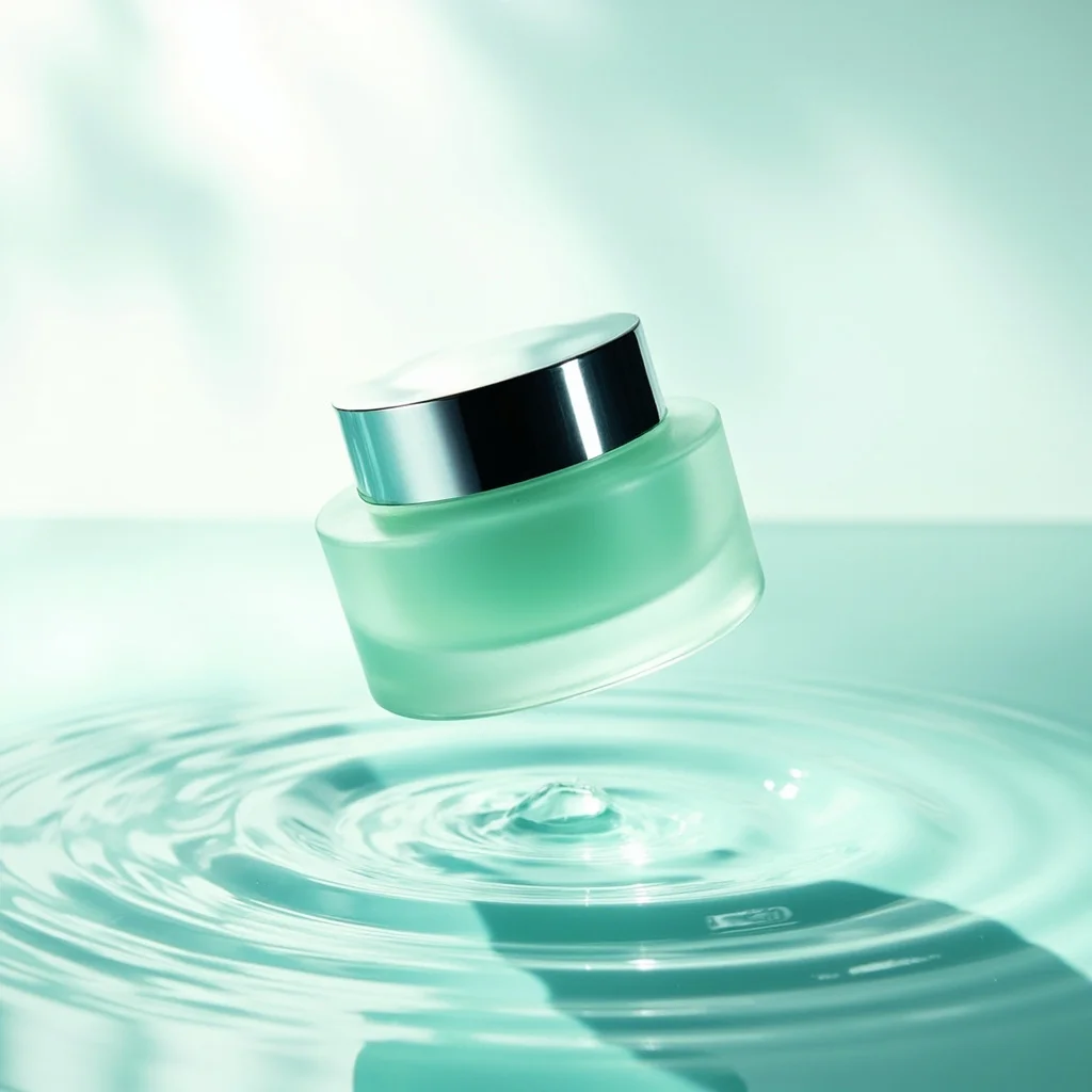 Luxury skincare campaign still life, translucent mint glass jar floating above rippled water, silver cap, soft morning light, clean studio reflections, high-end beauty photography - MiniMax Image-01