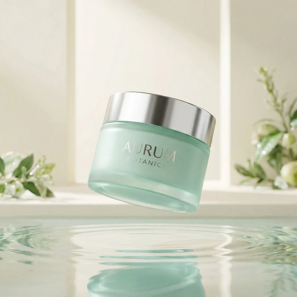 Luxury skincare campaign still life, translucent mint glass jar floating above rippled water, silver cap, soft morning light, clean studio reflections, high-end beauty photography - Nano Banana Pro