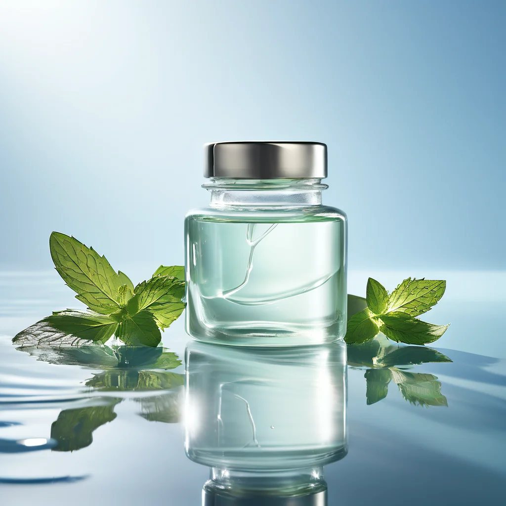 Luxury skincare campaign still life, translucent mint glass jar floating above rippled water, silver cap, soft morning light, clean studio reflections, high-end beauty photography - Playground v2.5