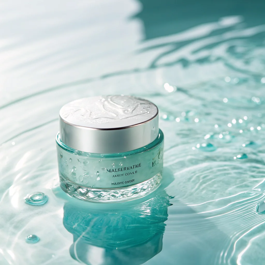 Luxury skincare campaign still life, translucent mint glass jar floating above rippled water, silver cap, soft morning light, clean studio reflections, high-end beauty photography - Recraft V3