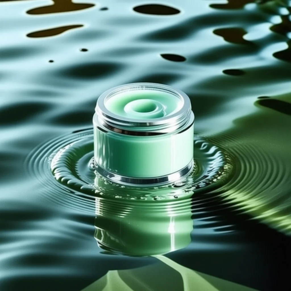 Luxury skincare campaign still life, translucent mint glass jar floating above rippled water, silver cap, soft morning light, clean studio reflections, high-end beauty photography - SD 3.5 Large Turbo