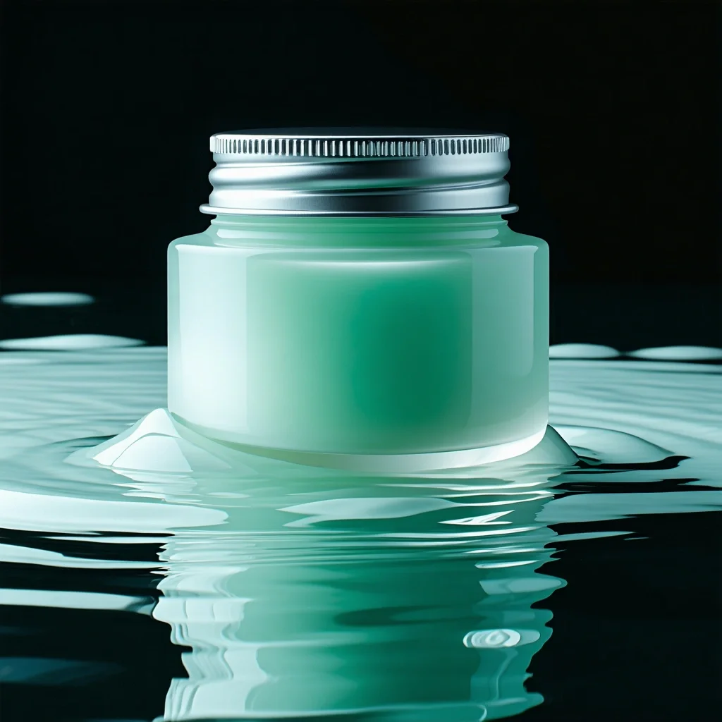 Luxury skincare campaign still life, translucent mint glass jar floating above rippled water, silver cap, soft morning light, clean studio reflections, high-end beauty photography - Stable Diffusion 3.5 Large