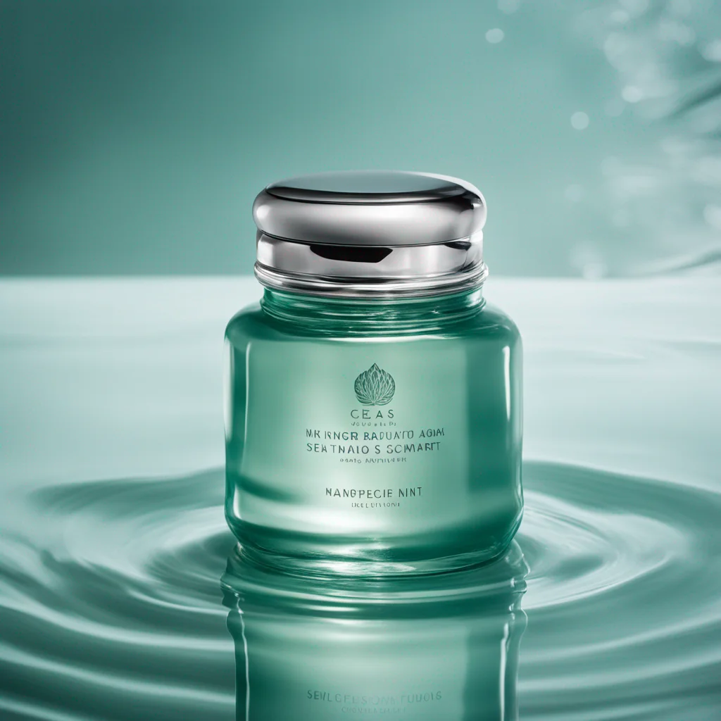 Luxury skincare campaign still life, translucent mint glass jar floating above rippled water, silver cap, soft morning light, clean studio reflections, high-end beauty photography - Stable Diffusion XL