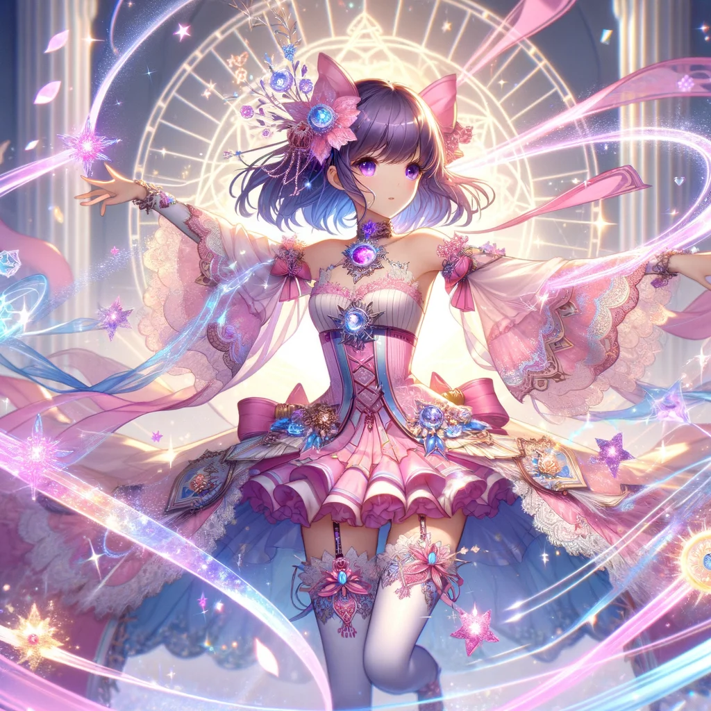 Anime style magical girl transformation sequence, sparkles and ribbons, dynamic pose, pastel color palette with pink and lavender accents - DALL-E 3