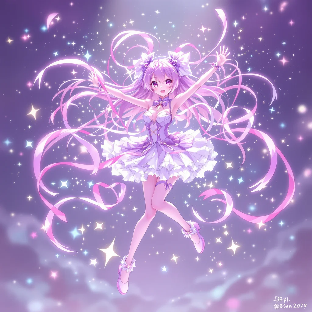 Anime style magical girl transformation sequence, sparkles and ribbons, dynamic pose, pastel color palette with pink and lavender accents - Flux 1.1 Pro Ultra