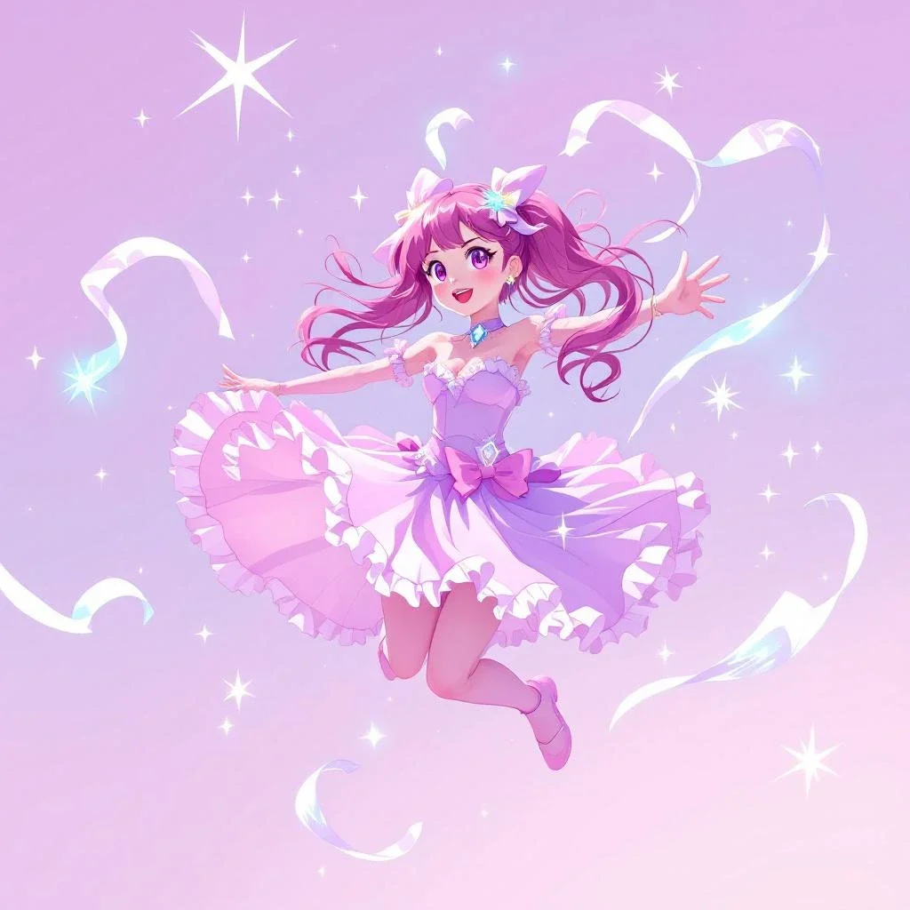 Anime style magical girl transformation sequence, sparkles and ribbons, dynamic pose, pastel color palette with pink and lavender accents - Flux 1.1 Pro