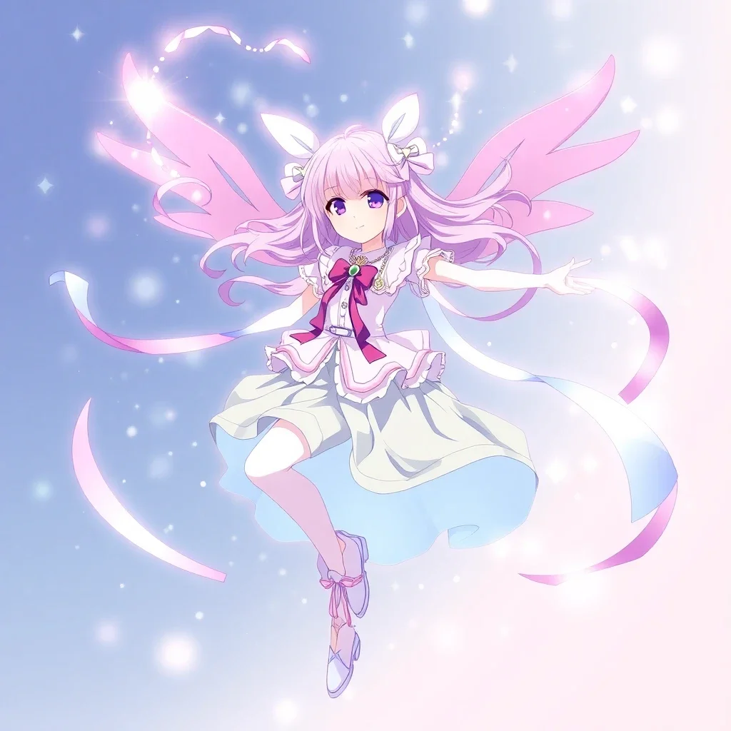Anime style magical girl transformation sequence, sparkles and ribbons, dynamic pose, pastel color palette with pink and lavender accents - Flux Schnell