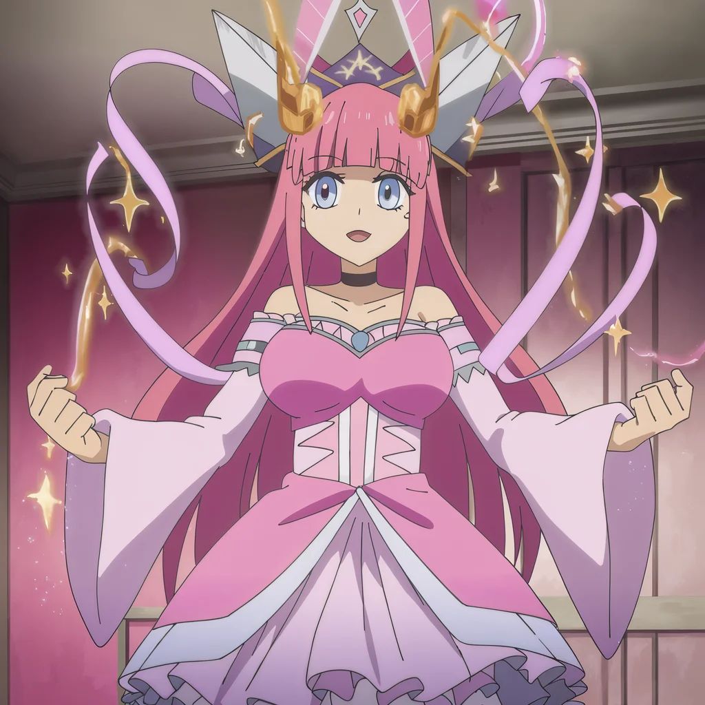 Anime style magical girl transformation sequence, sparkles and ribbons, dynamic pose, pastel color palette with pink and lavender accents - Ideogram v2 Turbo