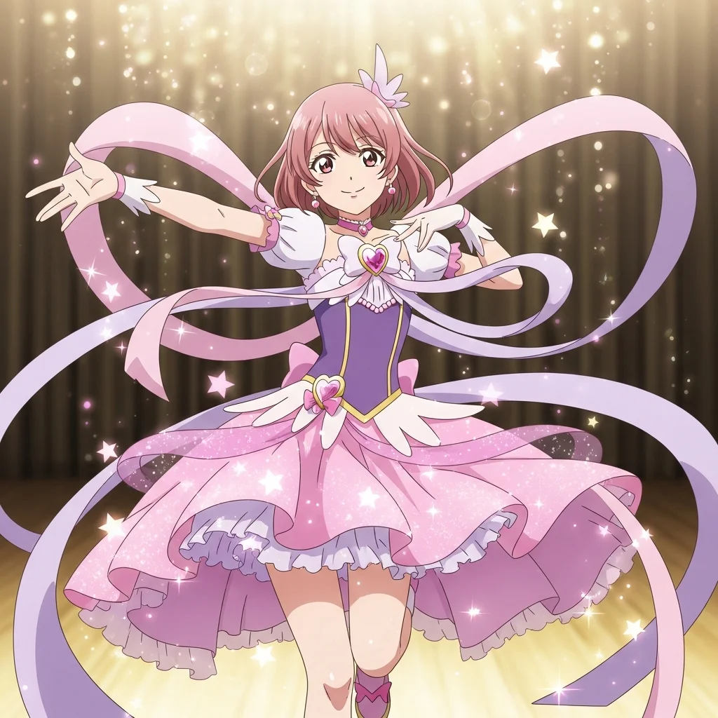 Anime style magical girl transformation sequence, sparkles and ribbons, dynamic pose, pastel color palette with pink and lavender accents - Imagen 4