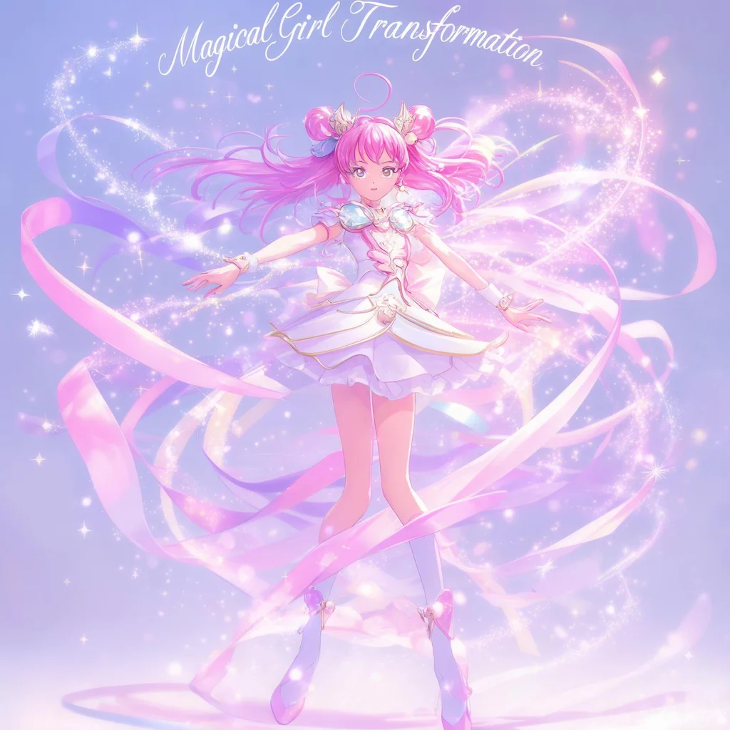 Anime style magical girl transformation sequence, sparkles and ribbons, dynamic pose, pastel color palette with pink and lavender accents - Luma Photon