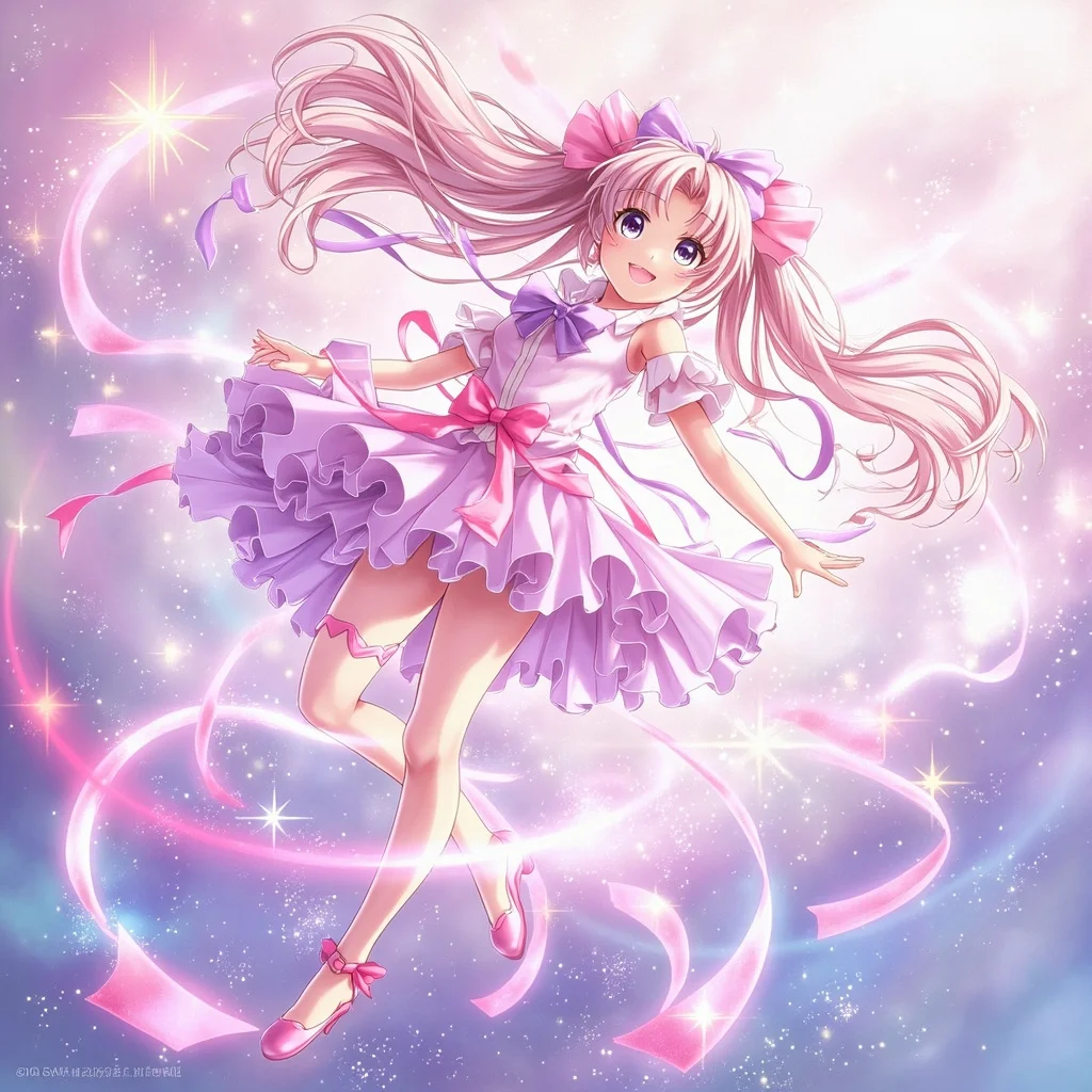 Anime style magical girl transformation sequence, sparkles and ribbons, dynamic pose, pastel color palette with pink and lavender accents - MiniMax Image-01