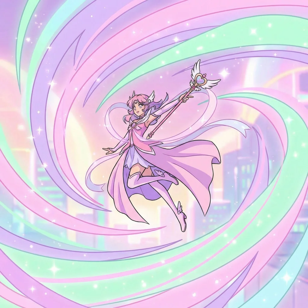 Anime style magical girl transformation sequence, sparkles and ribbons, dynamic pose, pastel color palette with pink and lavender accents - Nano Banana Pro