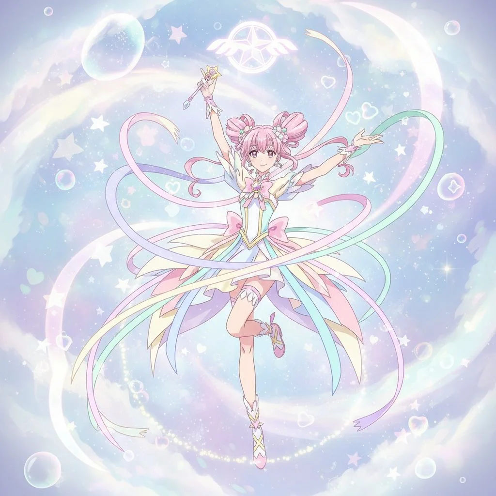 Anime style magical girl transformation sequence, sparkles and ribbons, dynamic pose, pastel color palette with pink and lavender accents - Nano Banana