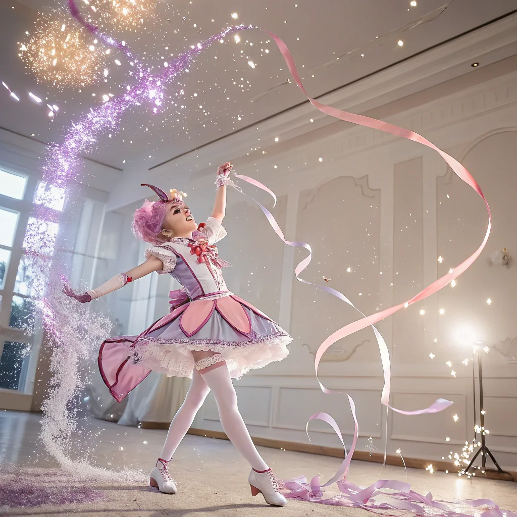Anime style magical girl transformation sequence, sparkles and ribbons, dynamic pose, pastel color palette with pink and lavender accents - Recraft V3