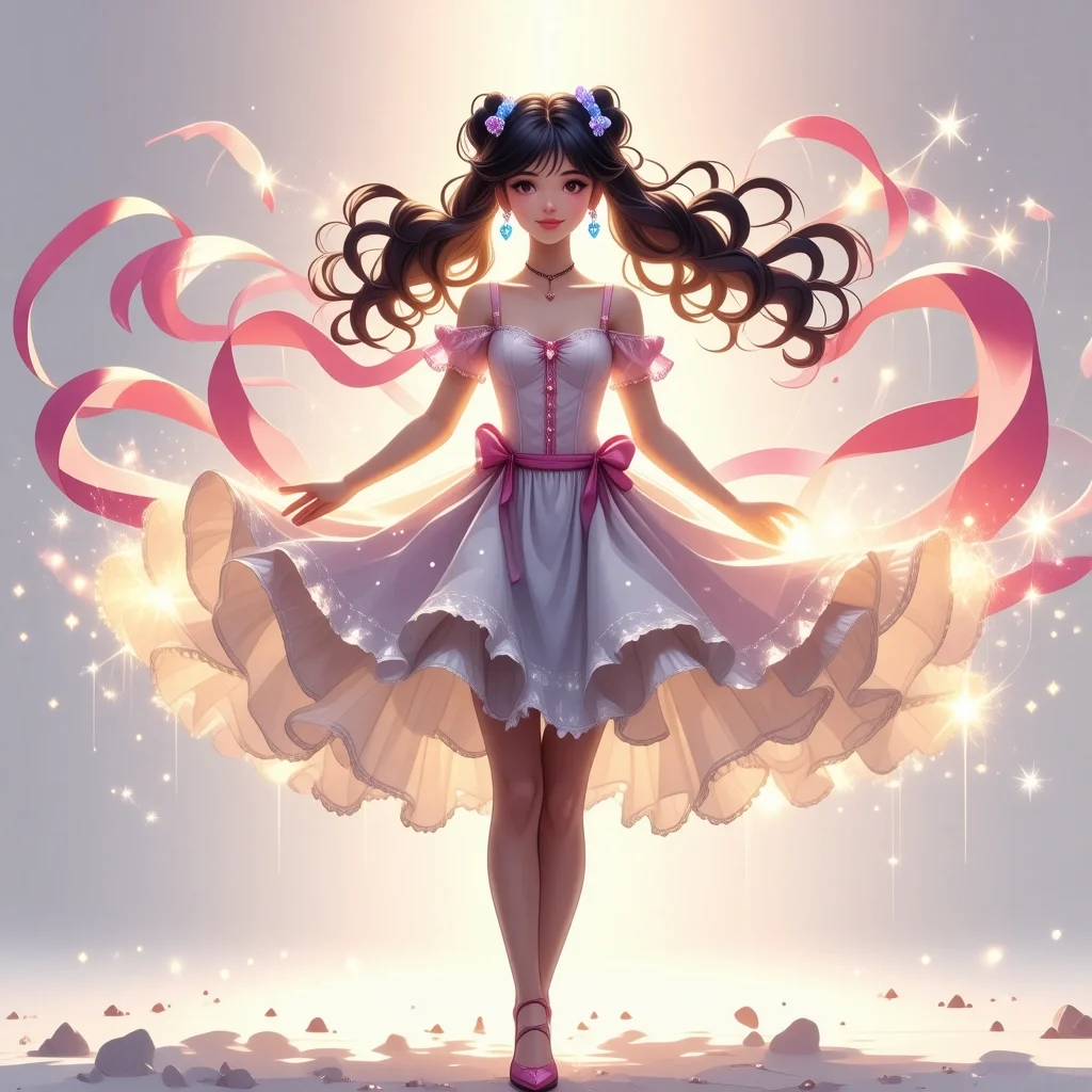 Anime style magical girl transformation sequence, sparkles and ribbons, dynamic pose, pastel color palette with pink and lavender accents - SD 3.5 Large Turbo