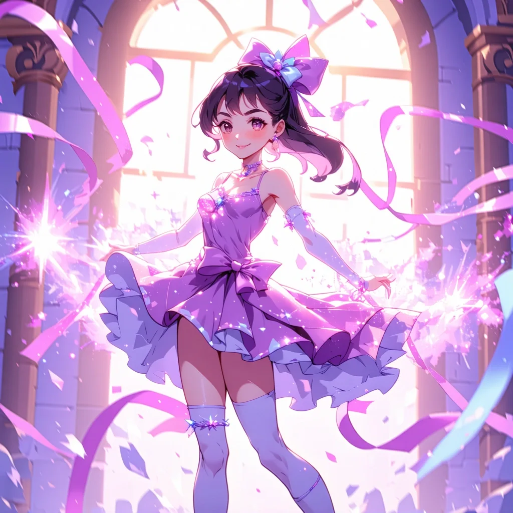 Anime style magical girl transformation sequence, sparkles and ribbons, dynamic pose, pastel color palette with pink and lavender accents - Stable Diffusion 3.5 Large