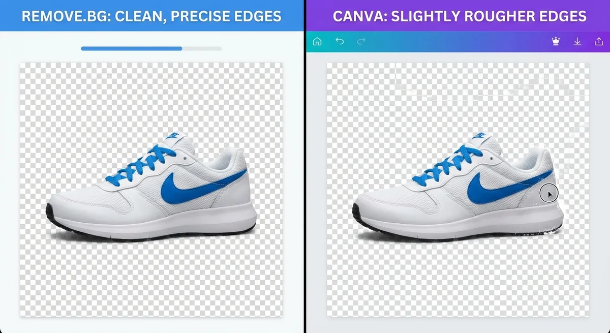 Side-by-side comparison of Remove.bg and Canva background removal results on the same sneaker product photo