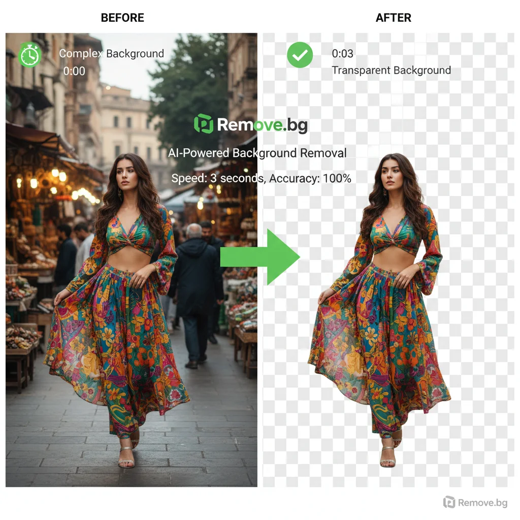 Side-by-side comparison showing Remove.bg's background removal accuracy and speed