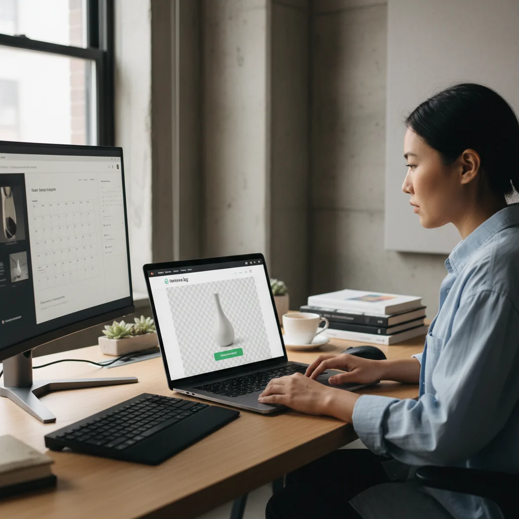 Graphic designer using Remove.bg to remove background from product photo on laptop screen