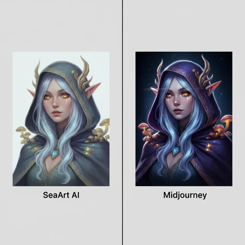 Side-by-side image quality comparison between SeaArt AI and Midjourney