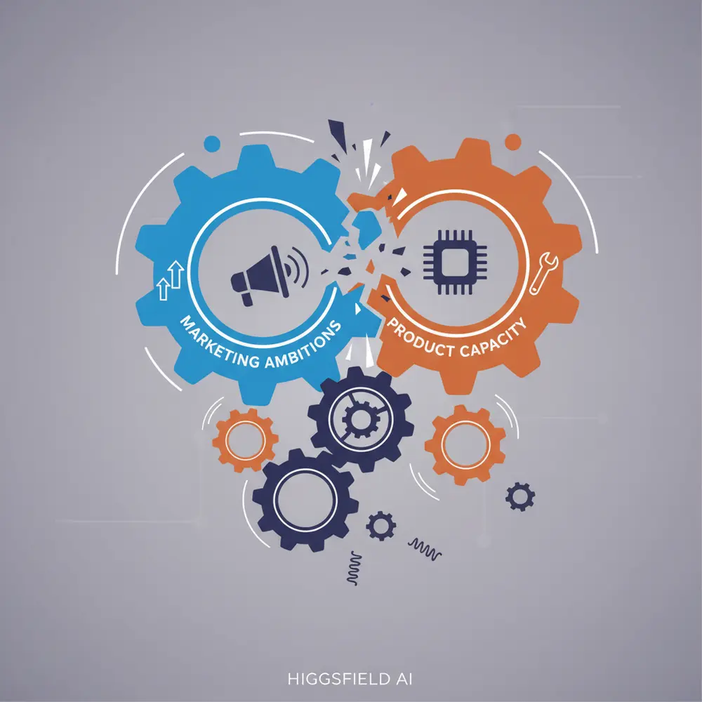 Illustration of misaligned gears symbolizing marketing and product capacity misalignment at Higgsfield AI.