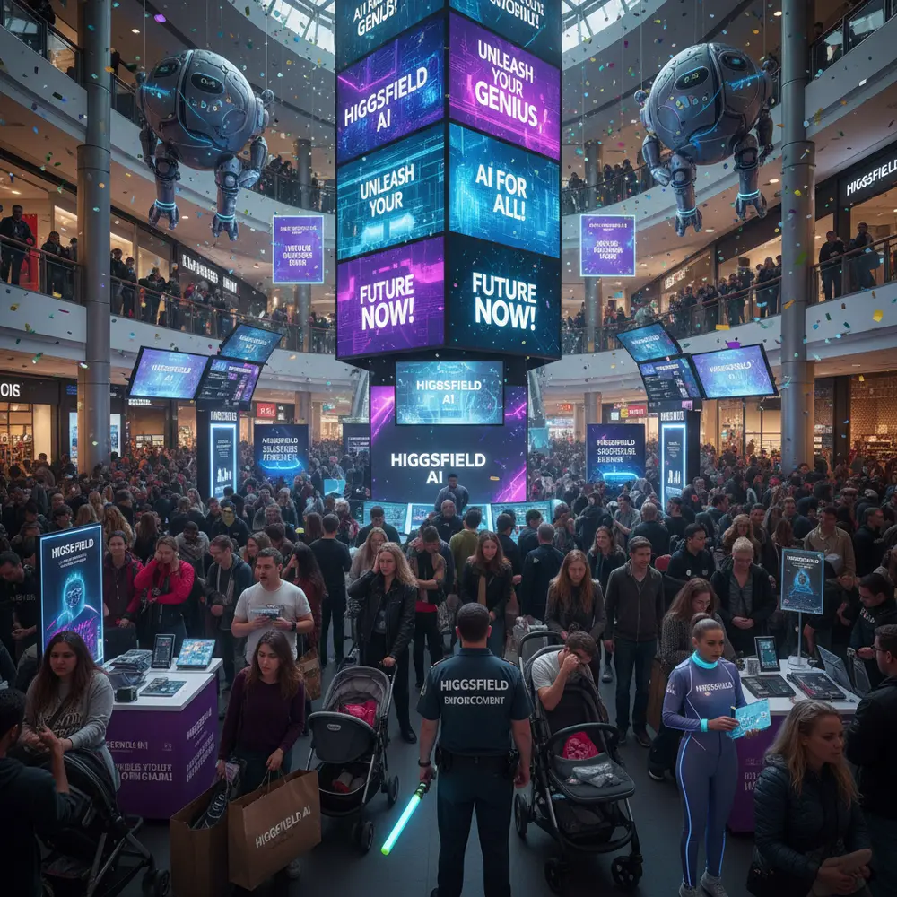 Crowded shopping mall during the holiday season with marketing displays for Higgsfield AI
