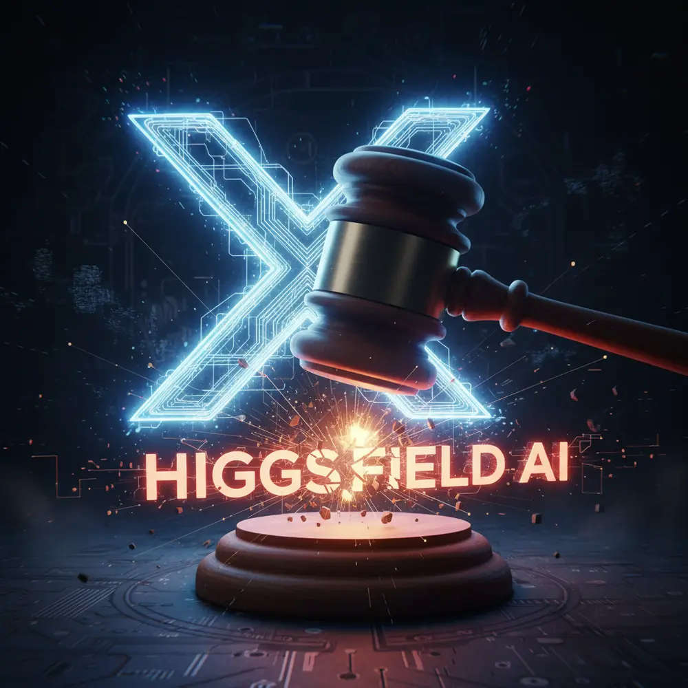 A gavel striking a Higgsfield AI logo, symbolizing enforcement actions taken by X.