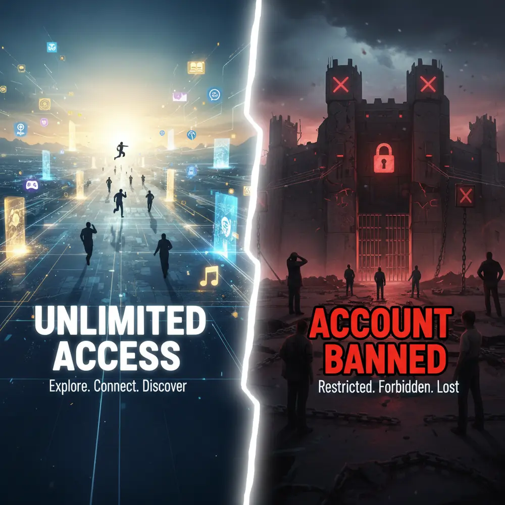 Visual comparison of Higgsfield AI's unlimited access promise versus the reality of account bans.
