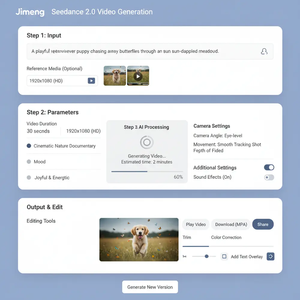 Screenshot of the Jimeng platform showing the workflow for using Seedance 2.0.