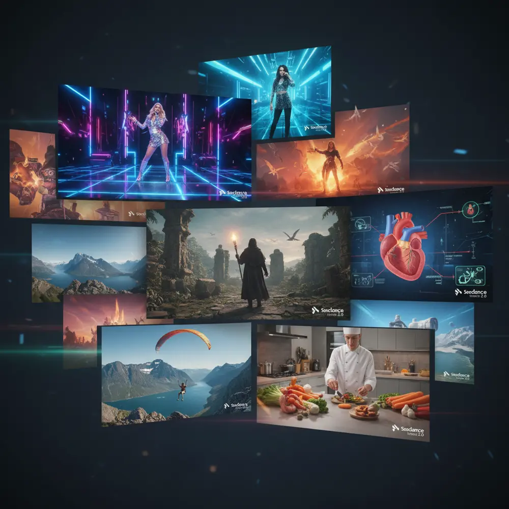 Montage showcasing diverse video clips generated by Seedance 2.0.