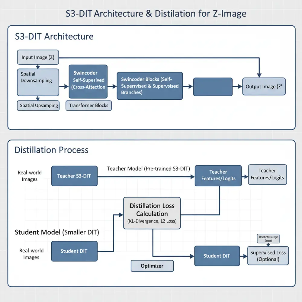 Block diagram of S3-DiT architecture and distillation process
