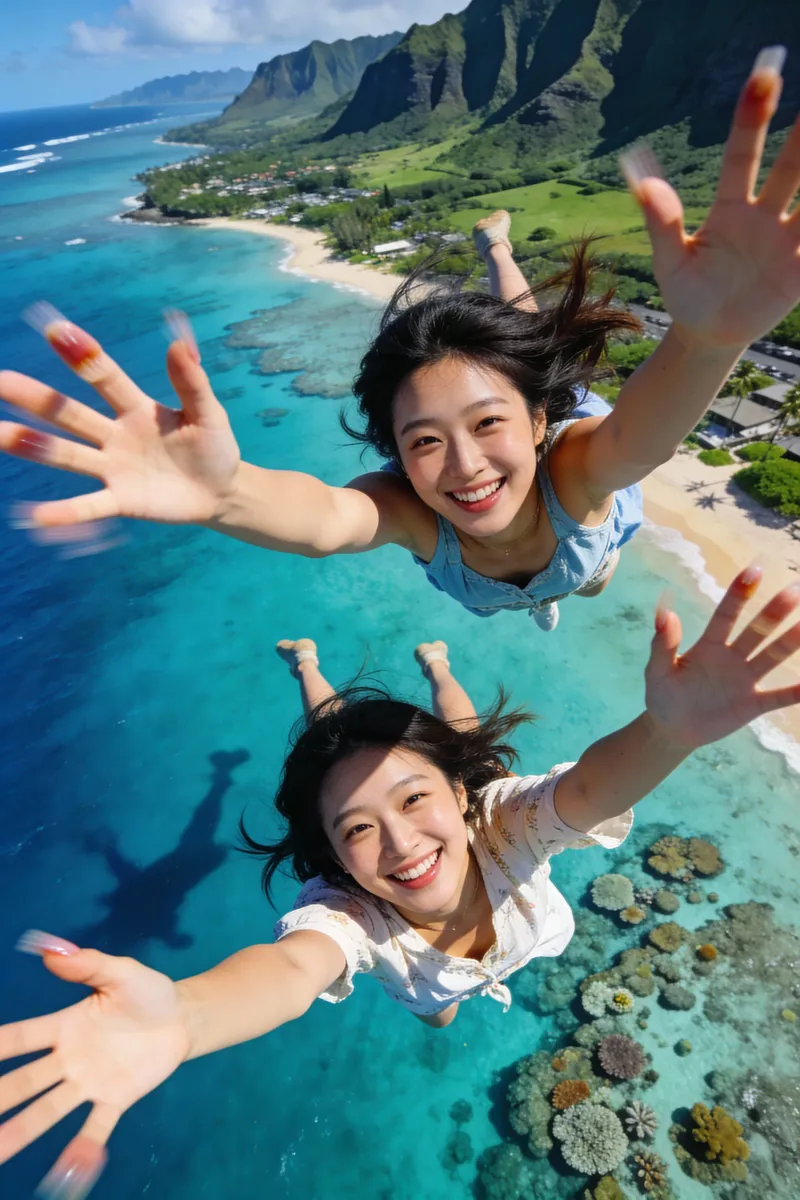 Aerial Skydiving Korean Woman Over Oahu Coast example 1