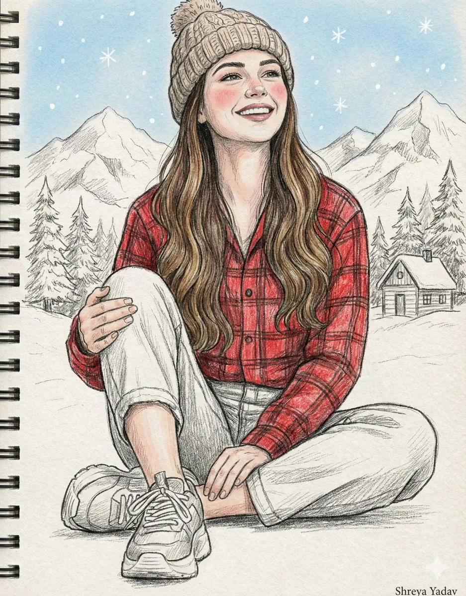 Colored Pencil Winter Portrait Sketch example 1
